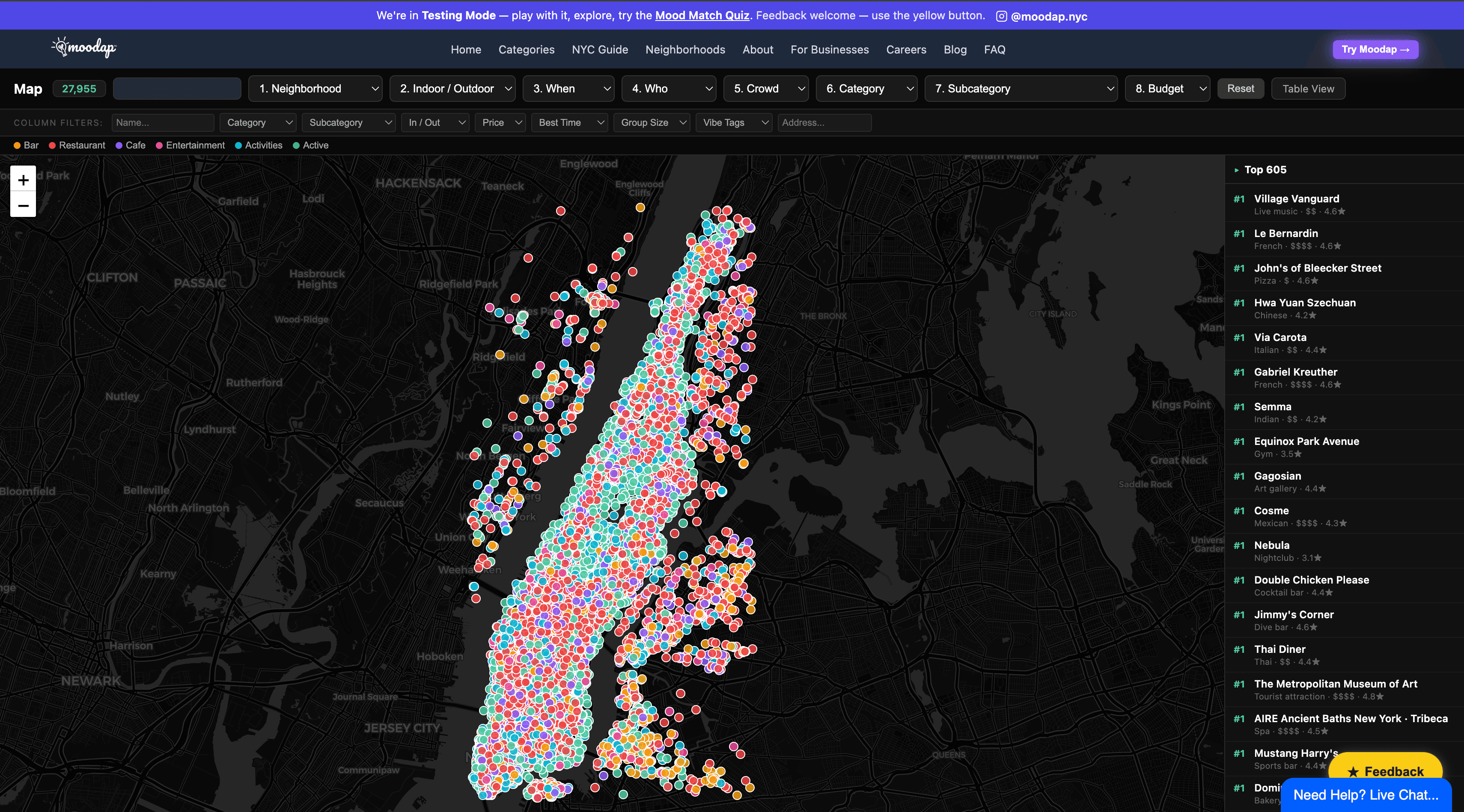 Moodap venue map across all of Manhattan
